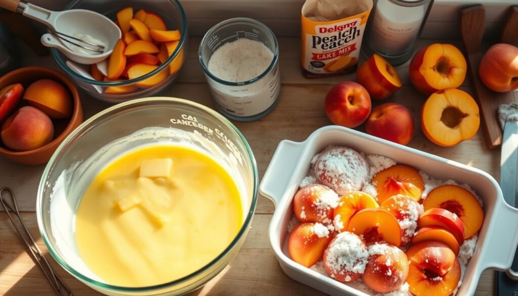 Peach Cobbler Dump Cake Assembly